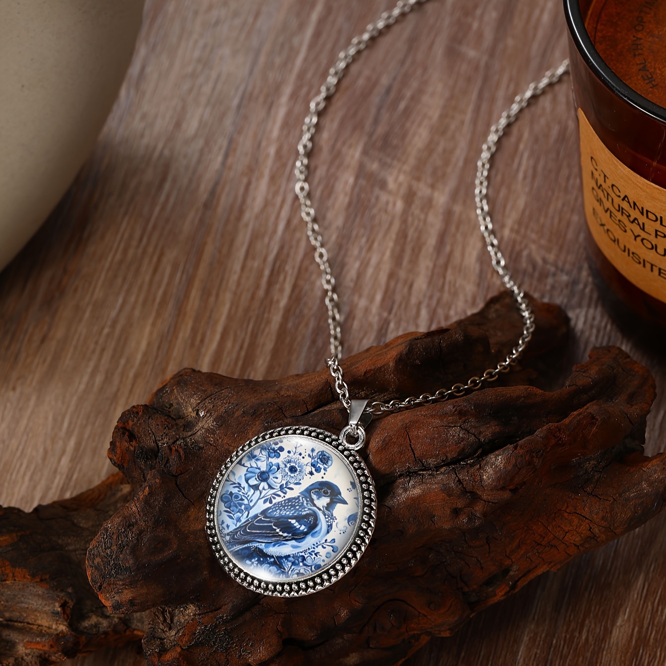 Chinese-Style Delft Blue Bird Art Necklace